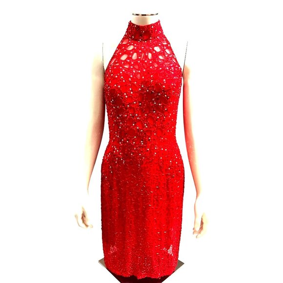 Niteline Della Roufogali Size 4 Red Beaded Silk Halter Open Back Gown Glamour - Picture 2 of 10